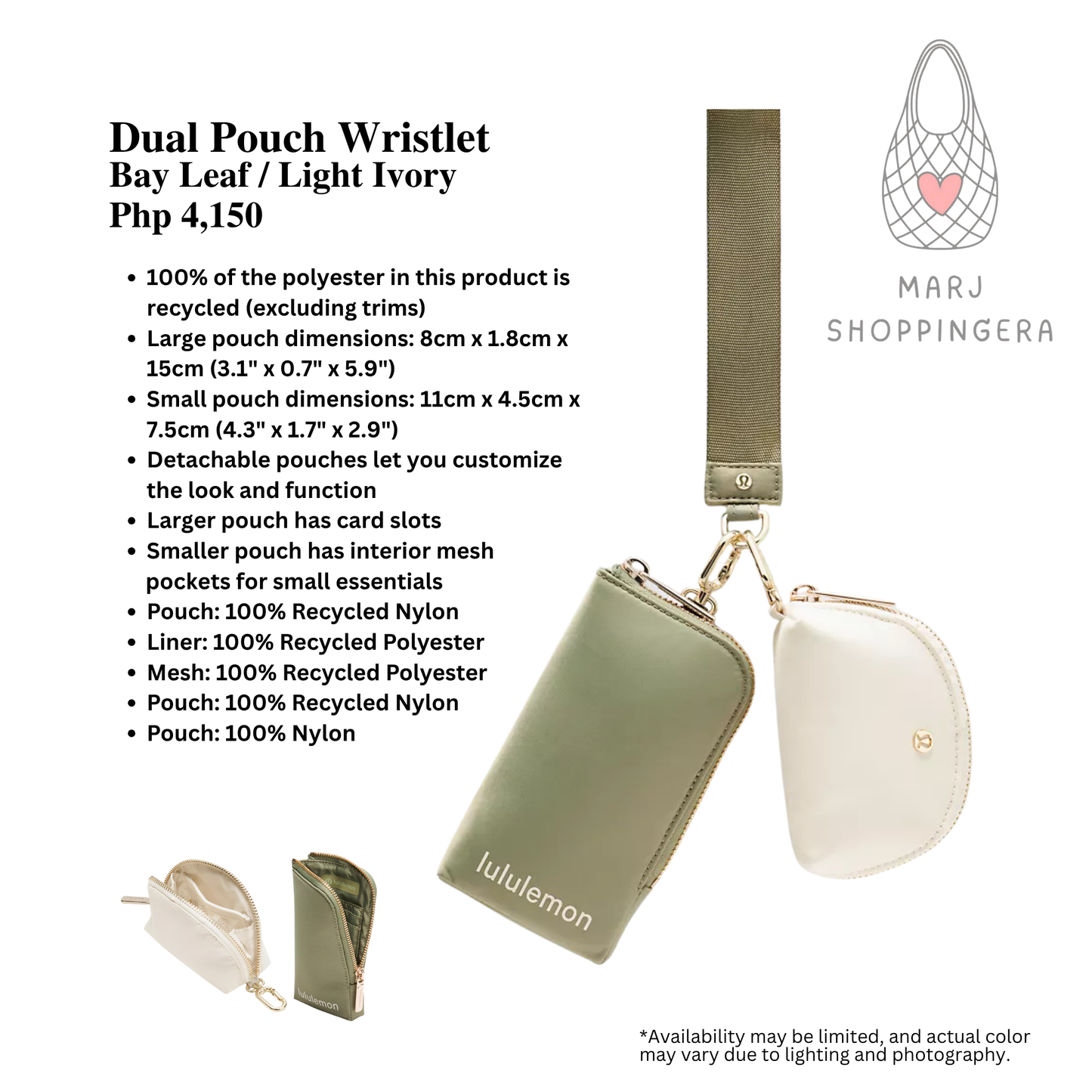Lululemon Dual Pouch Wristlet Wallet (Bay Leaf/ Light Ivory)