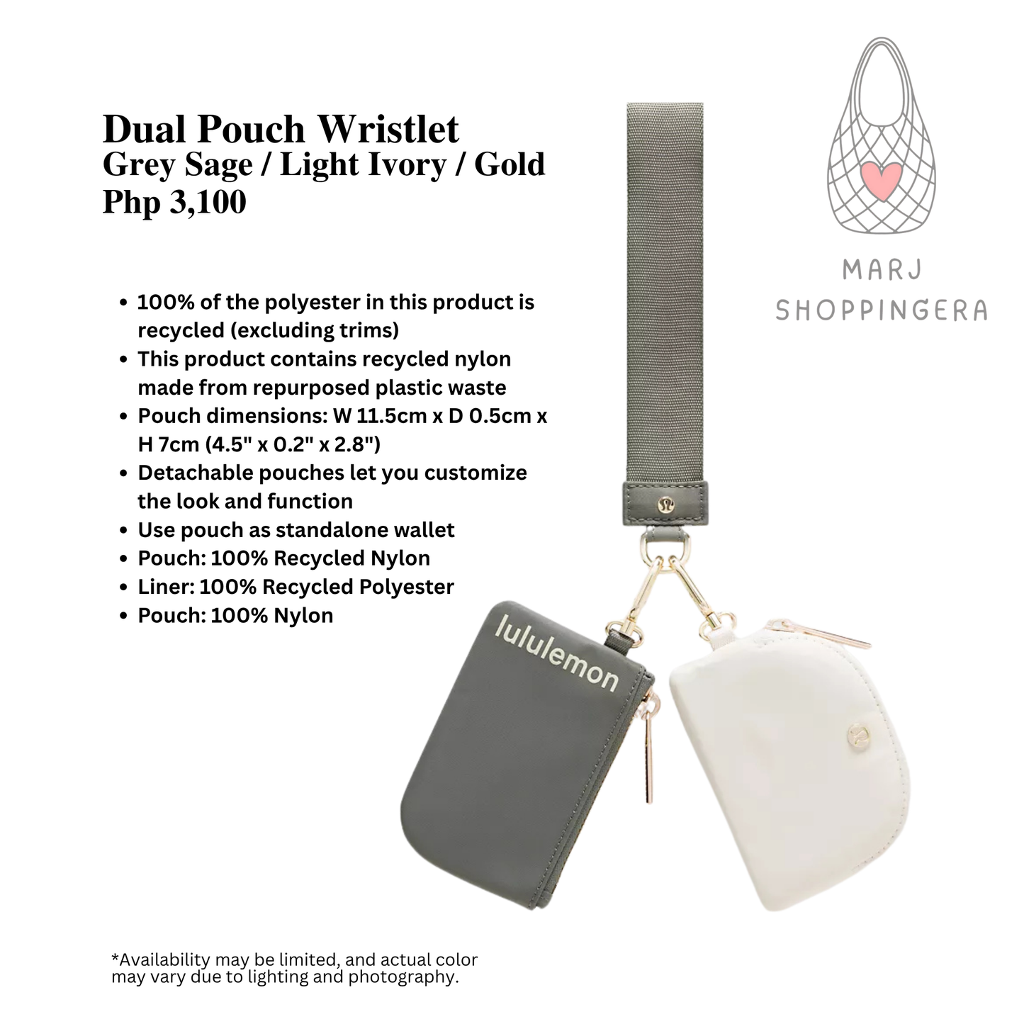 Lululemon Dual Pouch Wristlet (Grey Sage/Light Ivory/Gold)