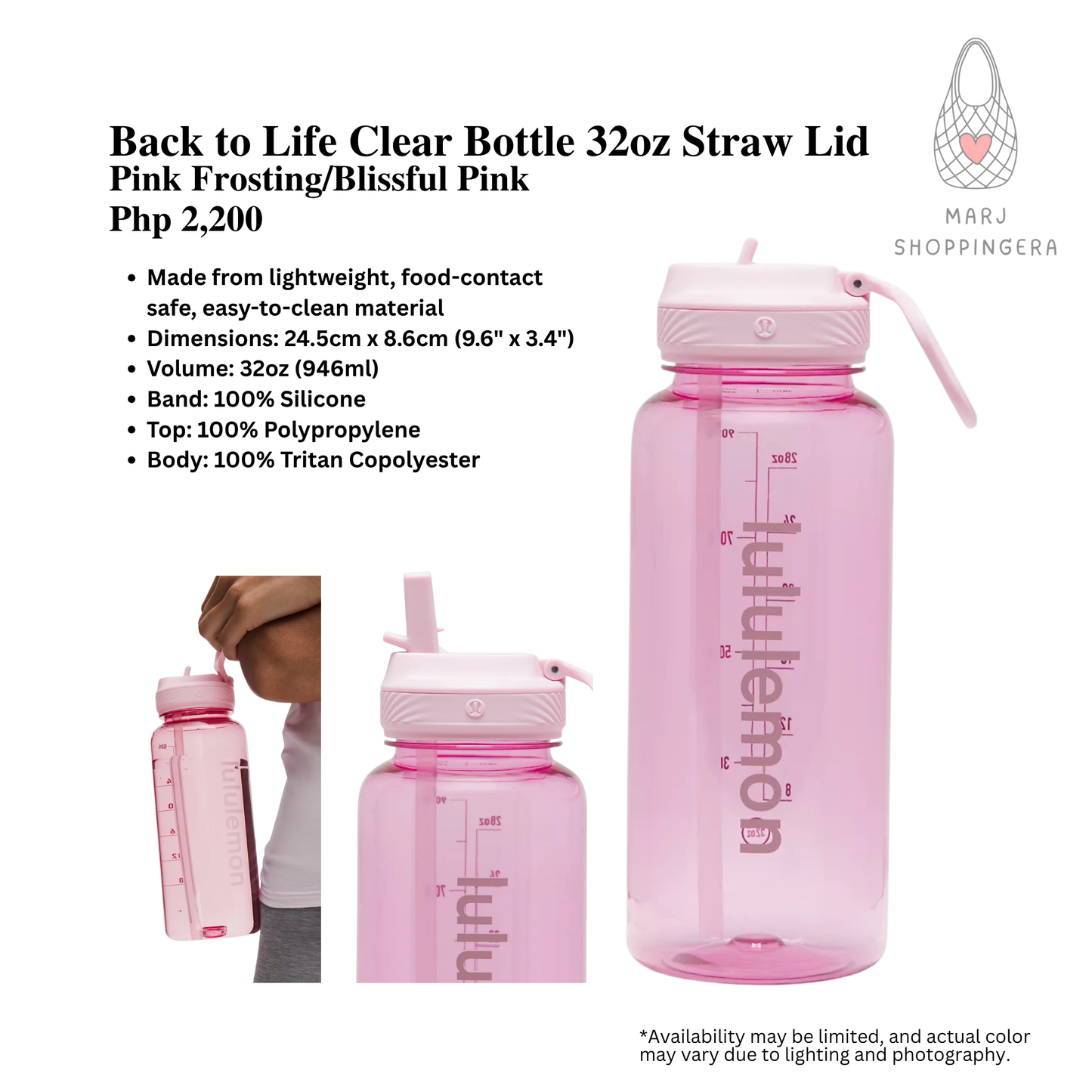 Lululemon Back to Life Clear Bottle 32oz Straw Lid