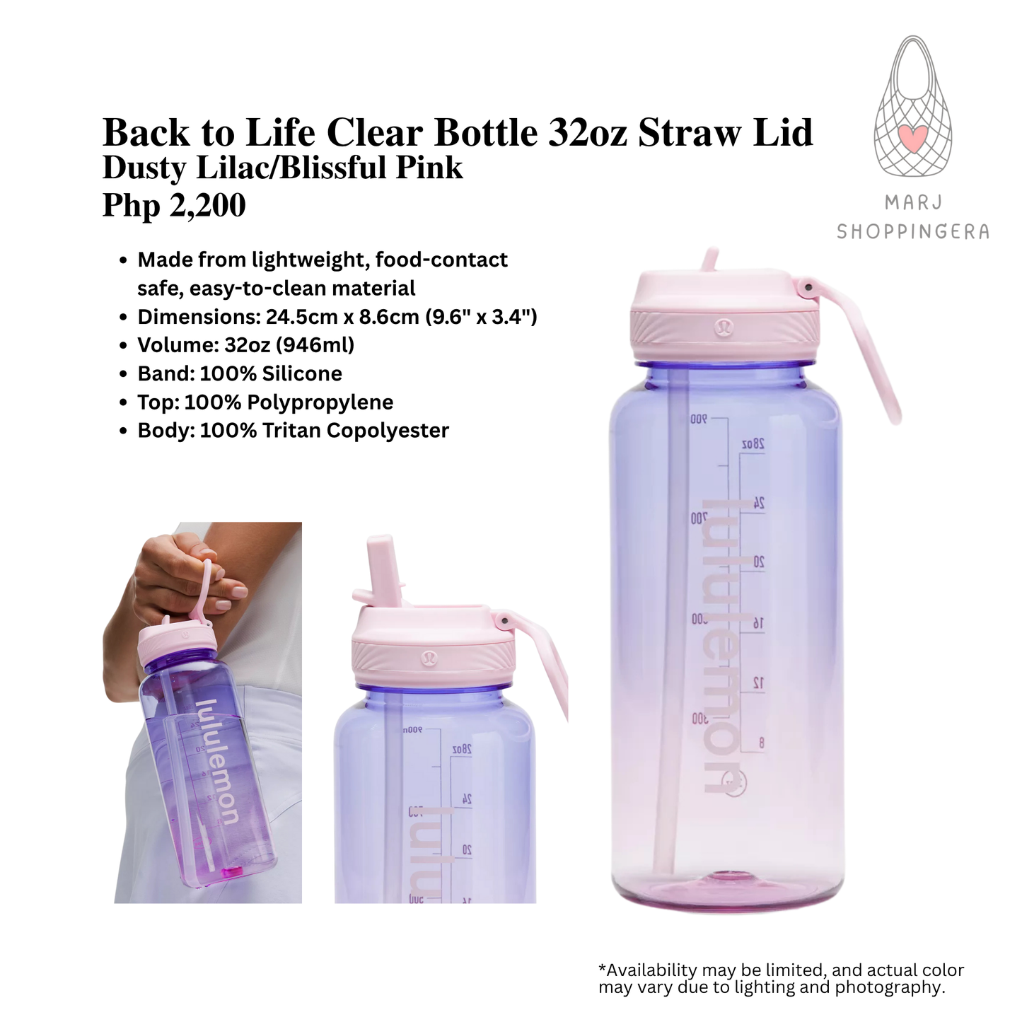 Lululemon Back to Life Clear Bottle 32oz Straw Lid