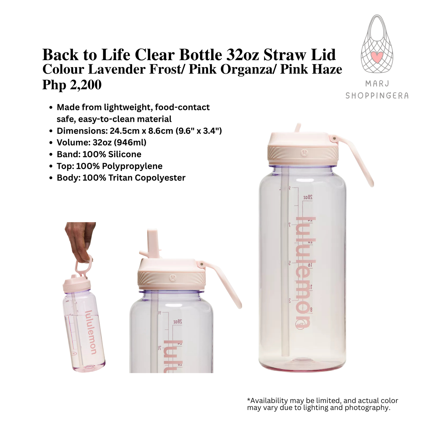 Lululemon Back to Life Clear Bottle 32oz Straw Lid