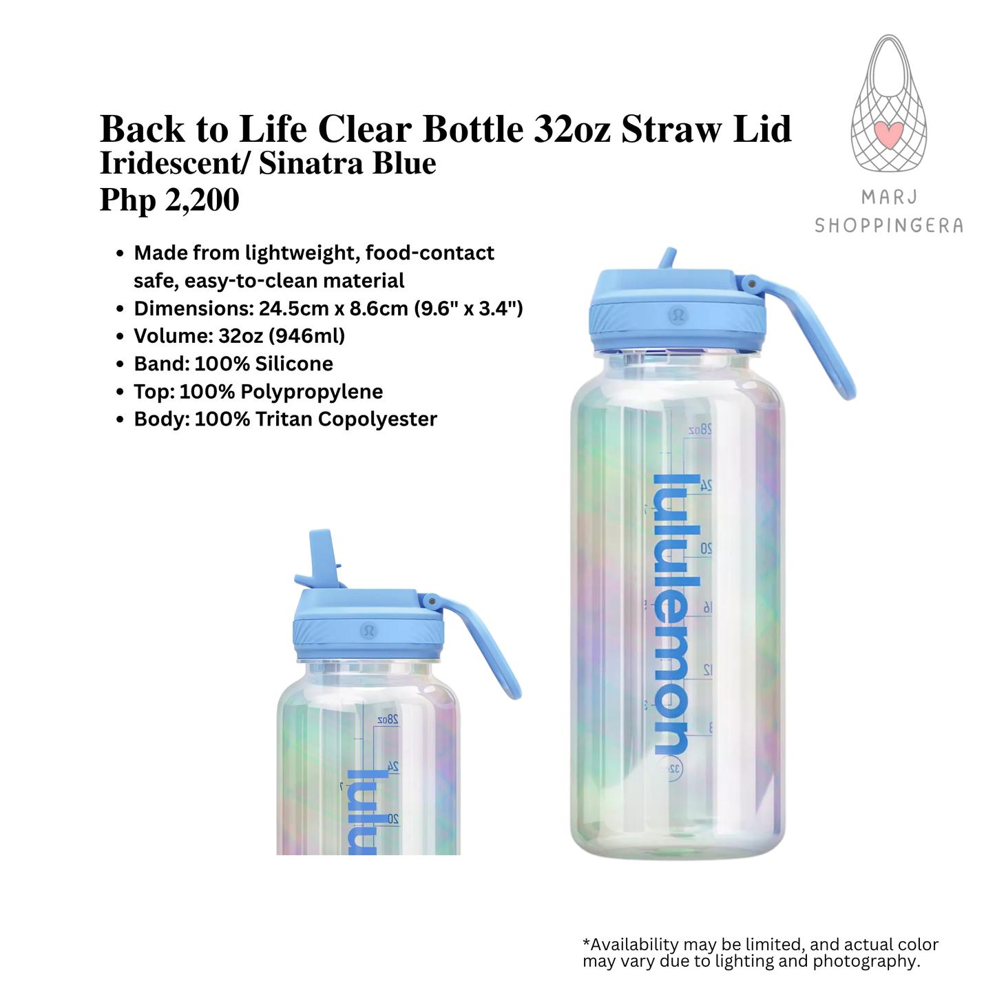 Lululemon Back to Life Clear Bottle 32oz Straw Lid
