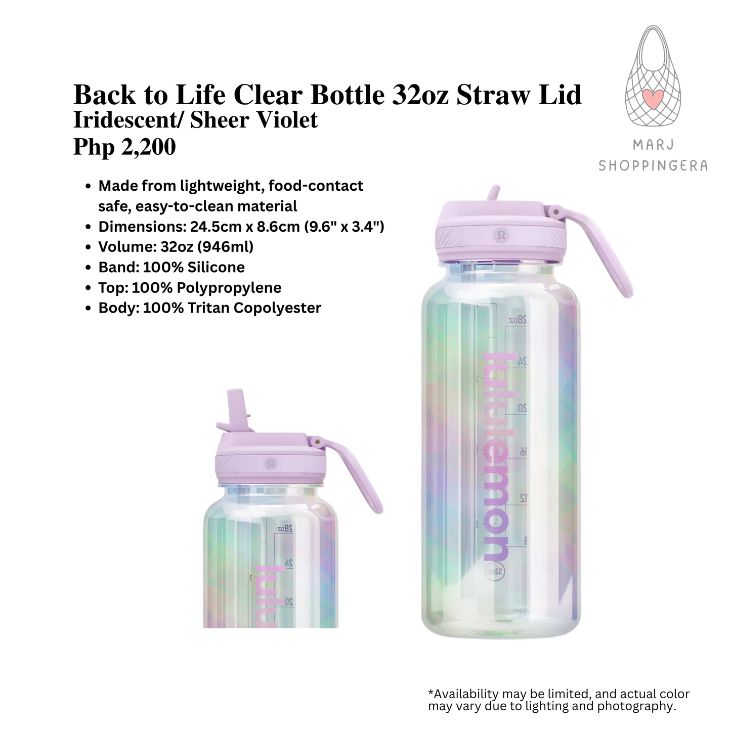 Lululemon Back to Life Clear Bottle 32oz Straw Lid