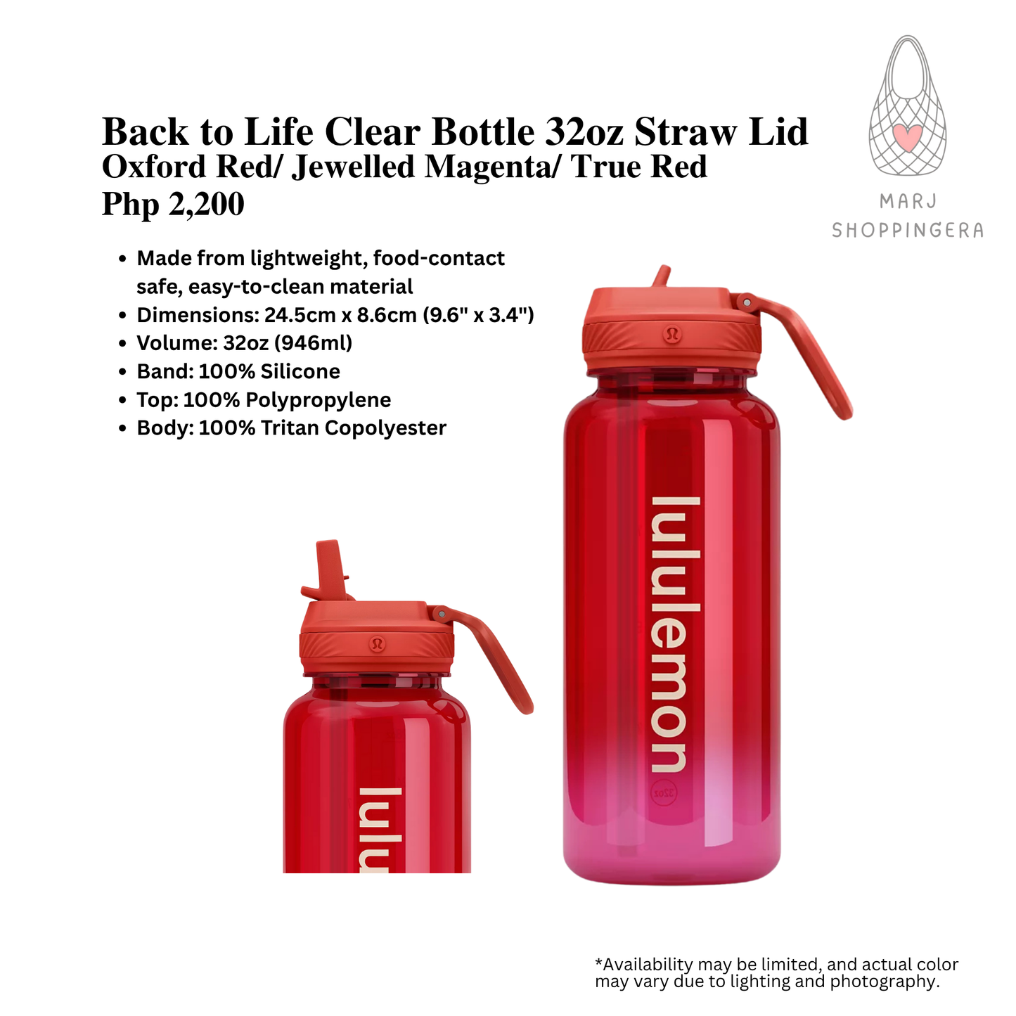 Lululemon Back to Life Clear Bottle 32oz Straw Lid