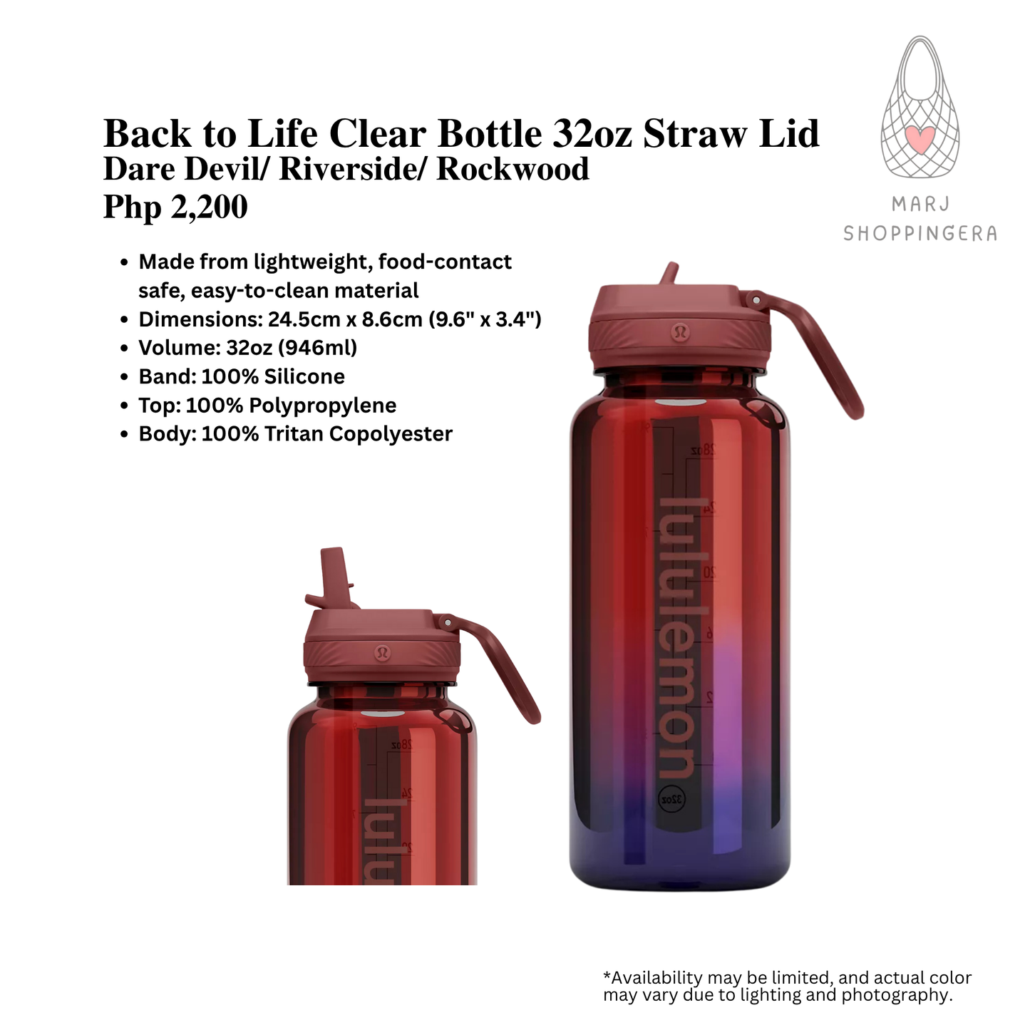 Lululemon Back to Life Clear Bottle 32oz Straw Lid